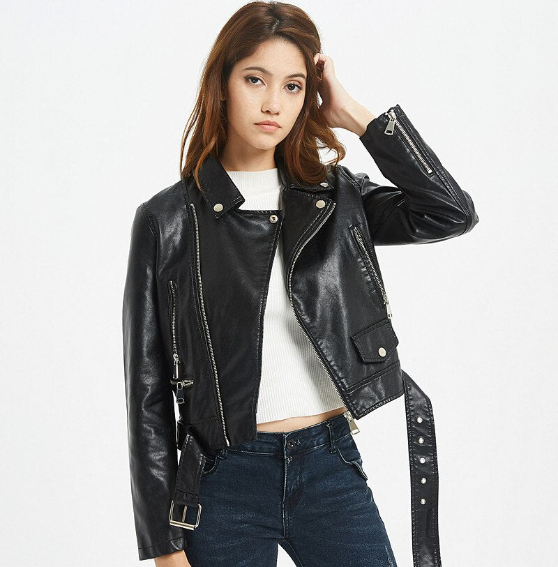 Women Pu Leather Jacket Woman Zipper Belt Short Coat