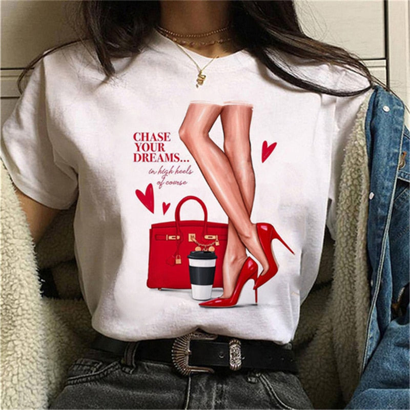 Women High Heels Shoes Print T Shirt