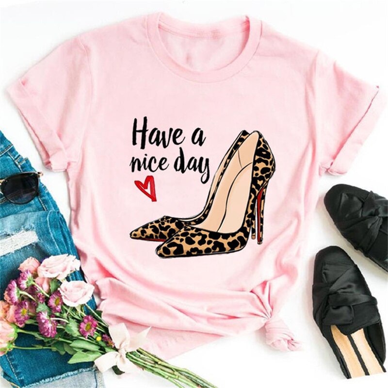 Women High Heels Shoes Print T Shirt