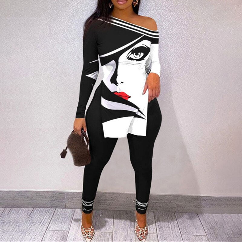 New Women Elegant Two Piece Face Printing Long Sleeve Shirt and Pants Set