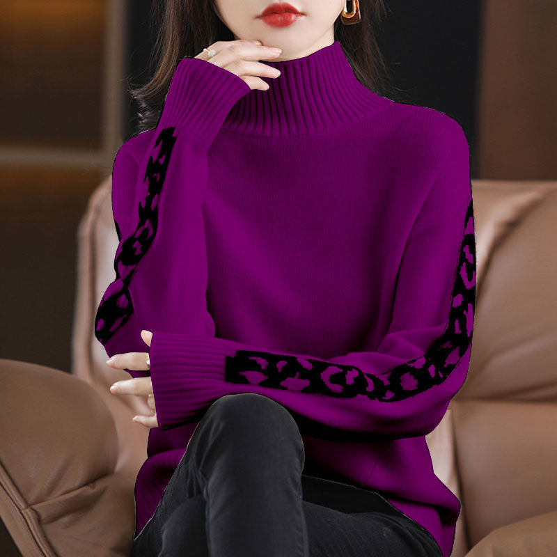 Women Casual Winter Turtleneck Spliced Loose Pullovers Sweater