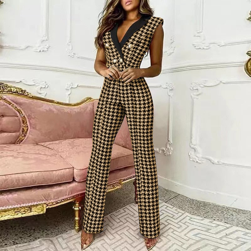 Women Spring V Neck Double Breasted Button Sleeveless Plaid Print  Jumpsuits