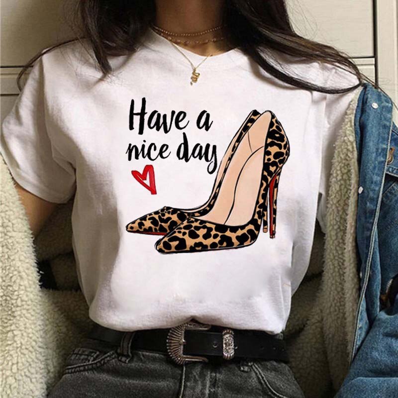 Women High Heels Shoes Print T Shirt