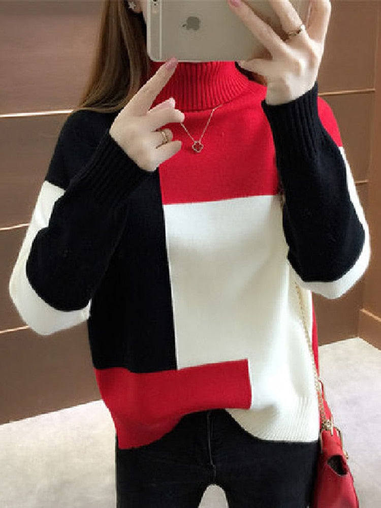 Women Patchwork Pullover Knitted Long Sleeve Sweater