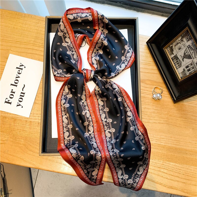 Women Silk Skinny Scarf Luxury Hair Bands Scrunchies Ribbon Lady Wrap Headband Neck Tie Foulard Female Bandana