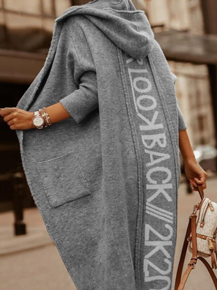 Women Hooded casual Knitted Pocket Cardigan Patchwork Coat