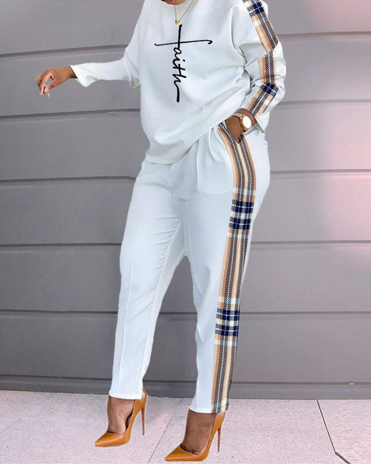 Women Casual Loose 2 Piece Set Drawstring Pockets Plaid Print Long Sleeve Top & Pants Set