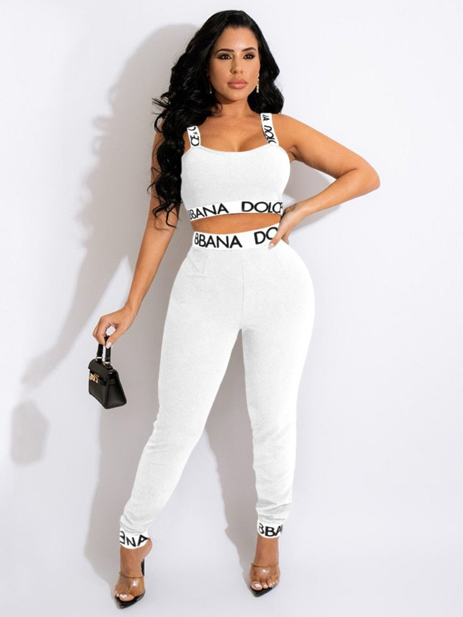 Women Elegant Summer Two Piece Sport Suit Set Crop Tops and Pants Cami Letter Print