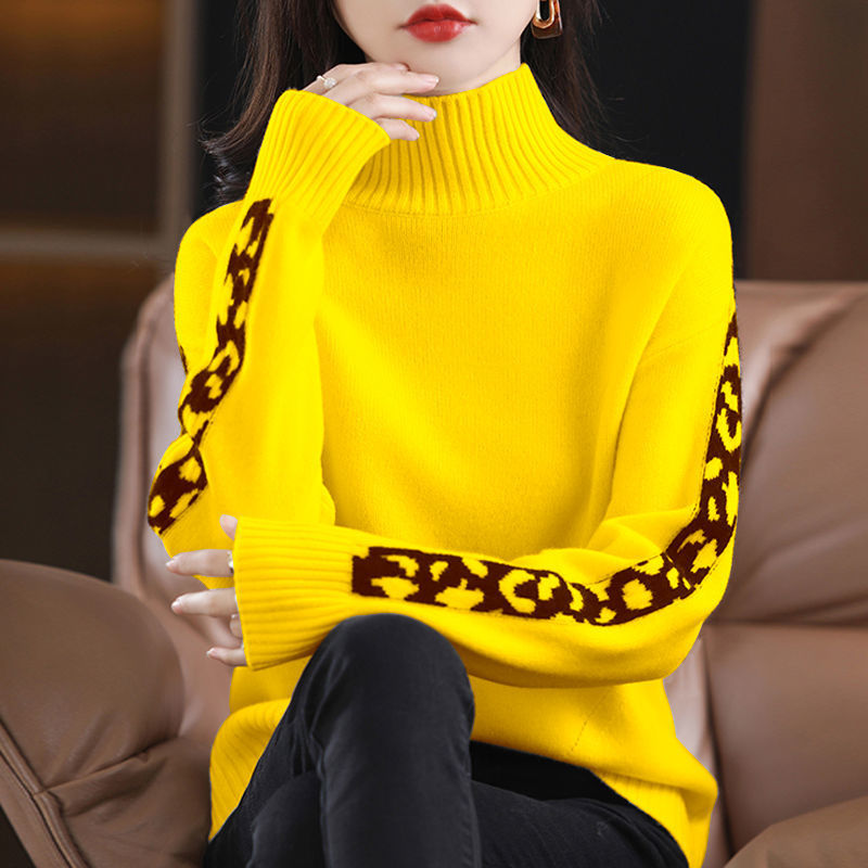 Women Casual Winter Turtleneck Spliced Loose Pullovers Sweater