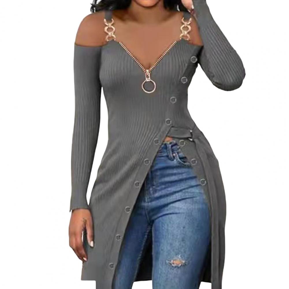 Women Blouse Chain Great Tee Shirt V-neck Breathable High Split Hem Blouse