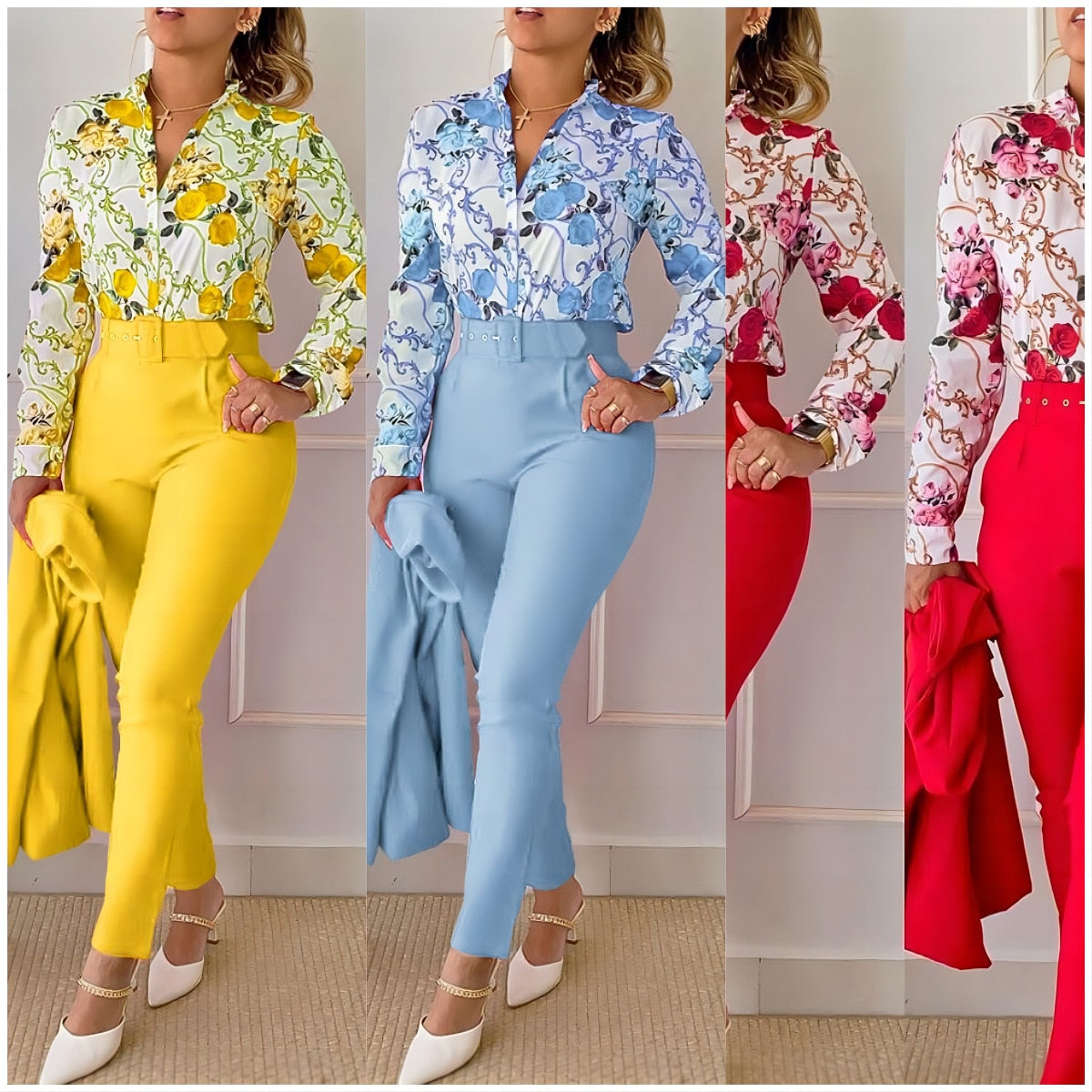 Womens Two Piece Spring Fashion Pants Sets Print Turn-Down Collar Long Sleeve Top Casual Solid Color Long Pants Set