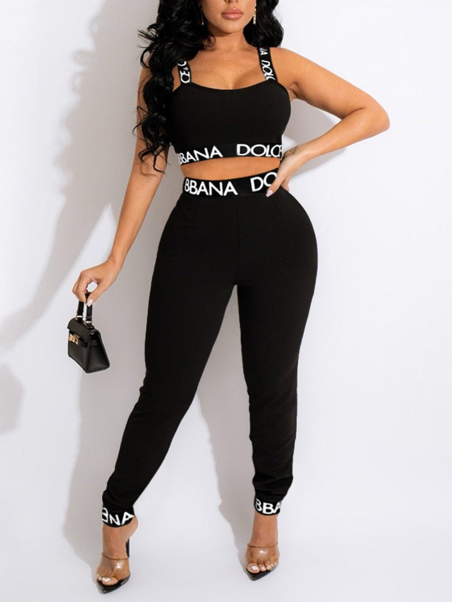 Women Elegant Summer Two Piece Sport Suit Set Crop Tops and Pants Cami Letter Print