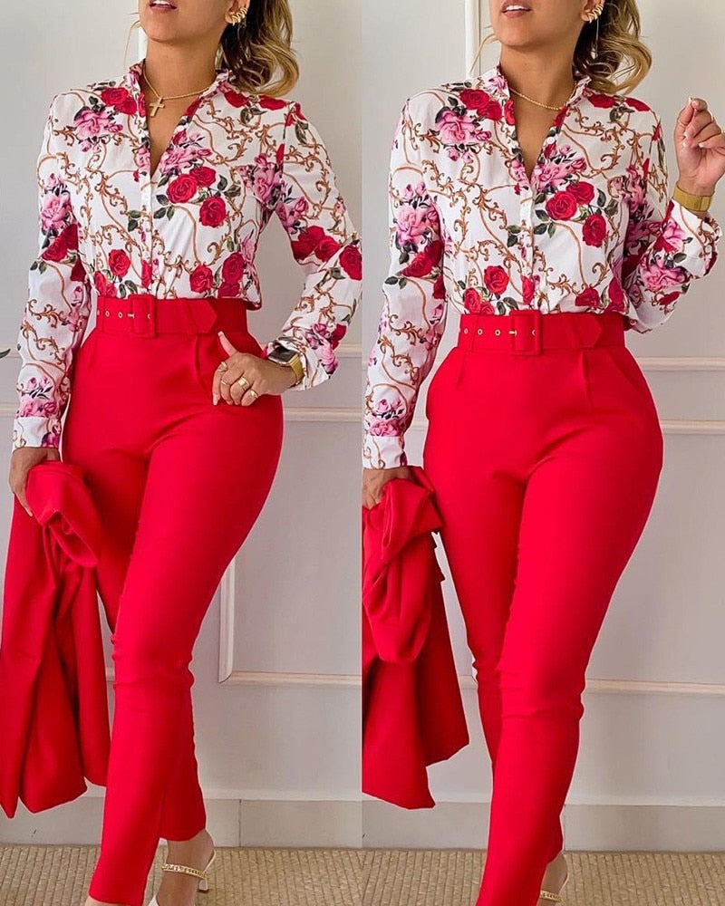 Womens Two Piece Spring Fashion Pants Sets Print Turn-Down Collar Long Sleeve Top Casual Solid Color Long Pants Set