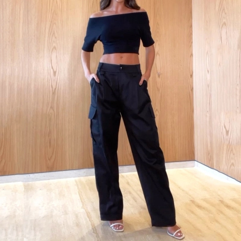 Women Casual Two- Piece Pants Set Solid Strapless Short Sleeve High Waist Slim Top Straight with Pockets