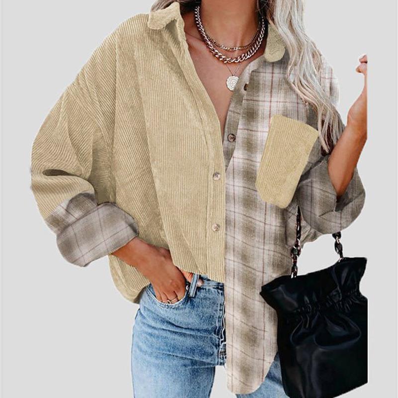 Women Casual Autumn Patchwork Plaid Shirts Loose Button Pocket Blouses