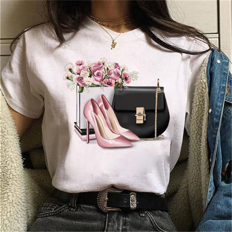 Women High Heels Shoes Print T Shirt