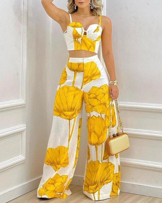 Womens Two Piece Pants Sets Spring Fashion Plants Print Sleeveless Crop Cami Top Casual Wide Leg Pants Set