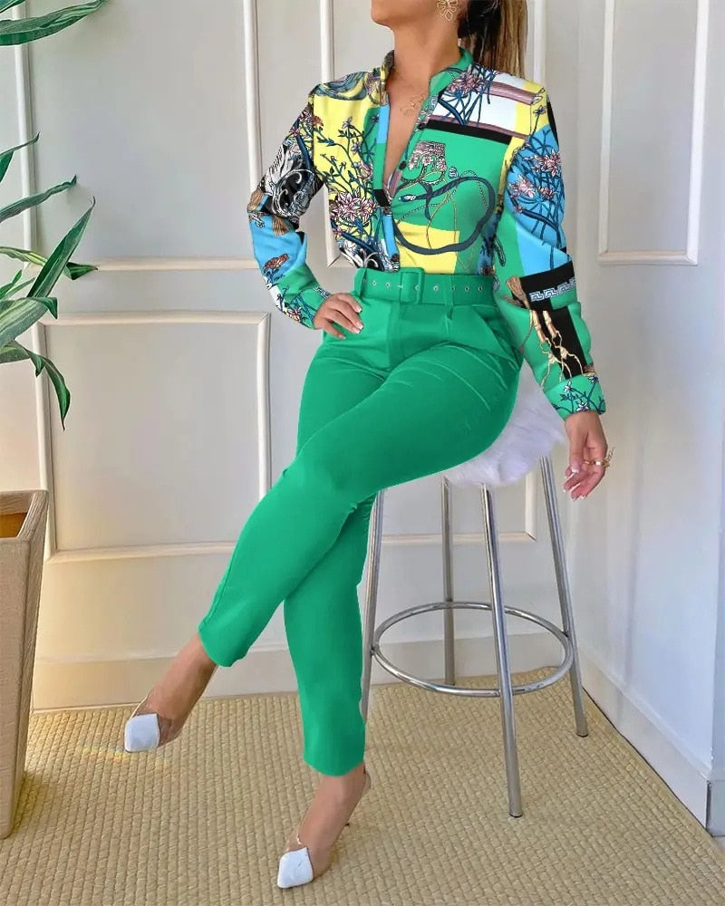 Women Elegant Fashion Print Long Sleeve Top and Pants Set with Belt