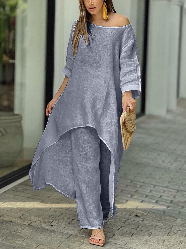 Women New Spring Summer LOOSE Leisure Long Sleeve Solid Color Two Piece Set