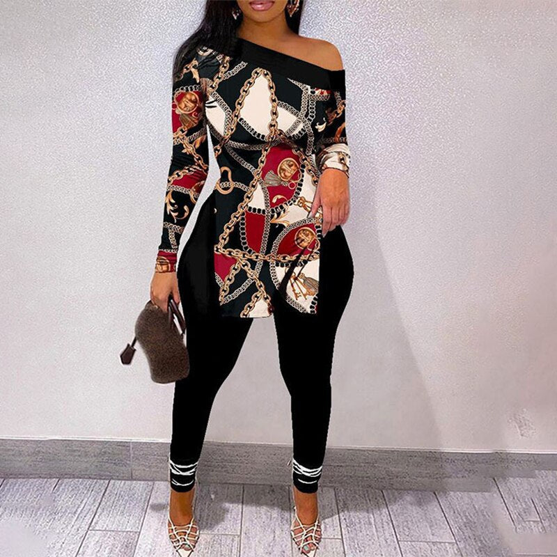 New Women Elegant Two Piece Face Printing Long Sleeve Shirt and Pants Set