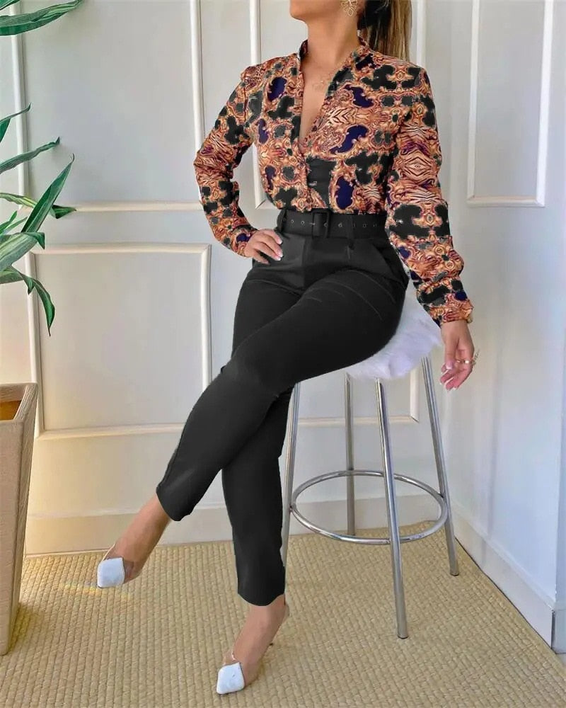 Women Elegant Fashion Print Long Sleeve Top and Pants Set with Belt