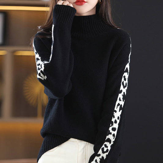 Women Casual Winter Turtleneck Spliced Loose Pullovers Sweater