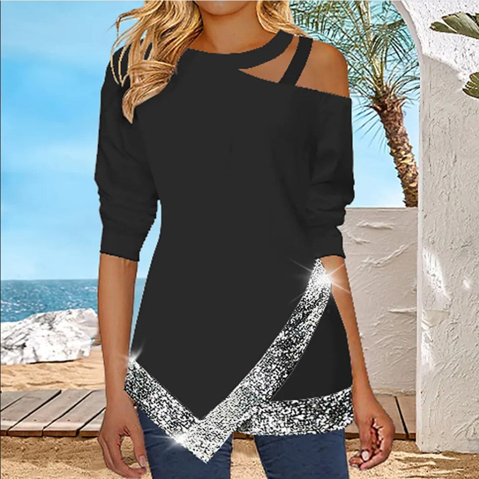 Women Off-shoulder Sequined Long-sleeved Casual T-shirts