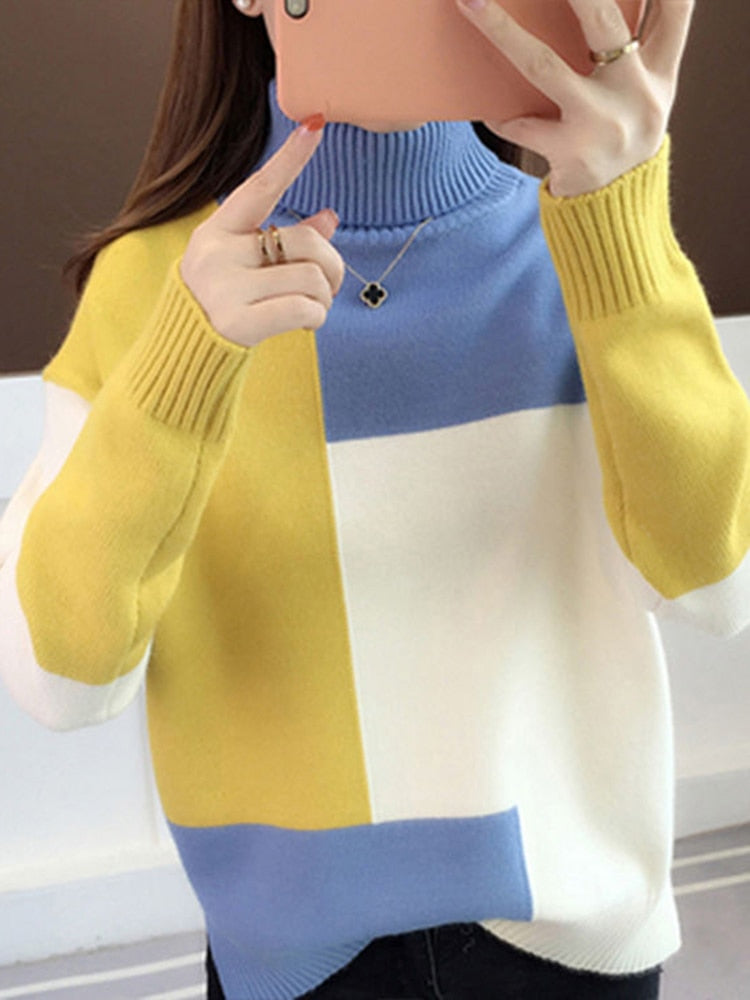 Women Patchwork Pullover Knitted Long Sleeve Sweater