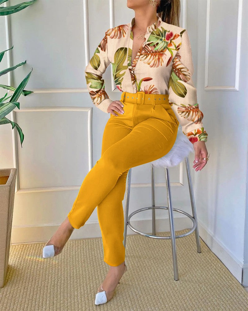 Women Elegant Fashion Print Long Sleeve Top and Pants Set with Belt