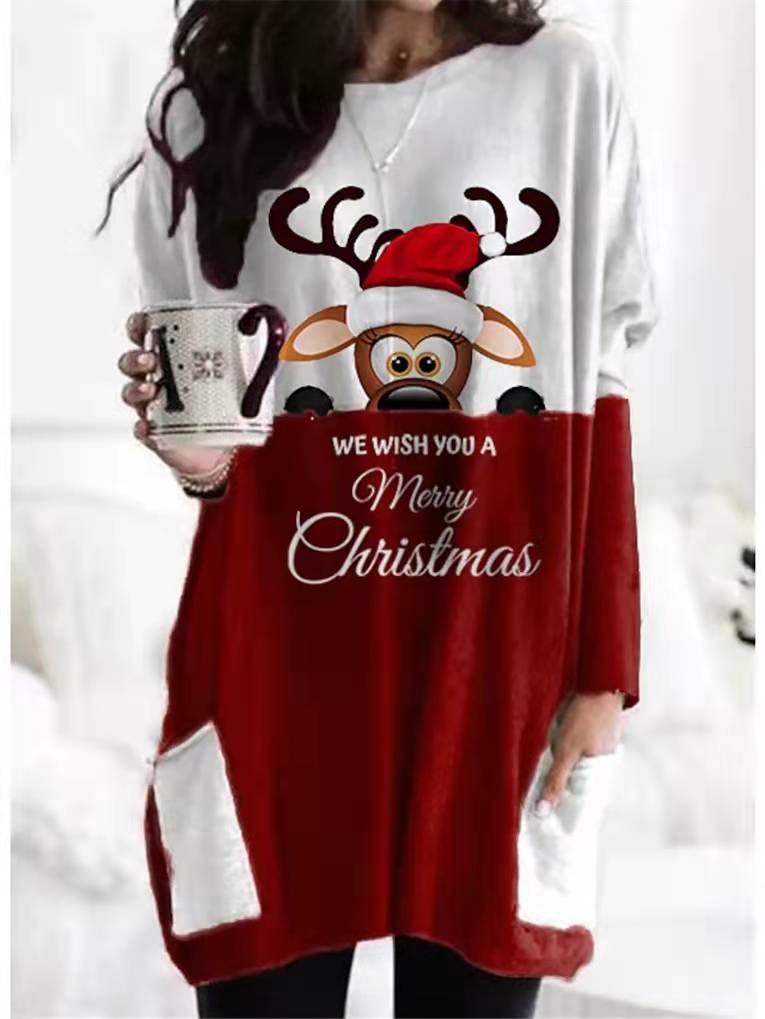 Women New Christmas Print Pocket Long Crew Neck Shirt