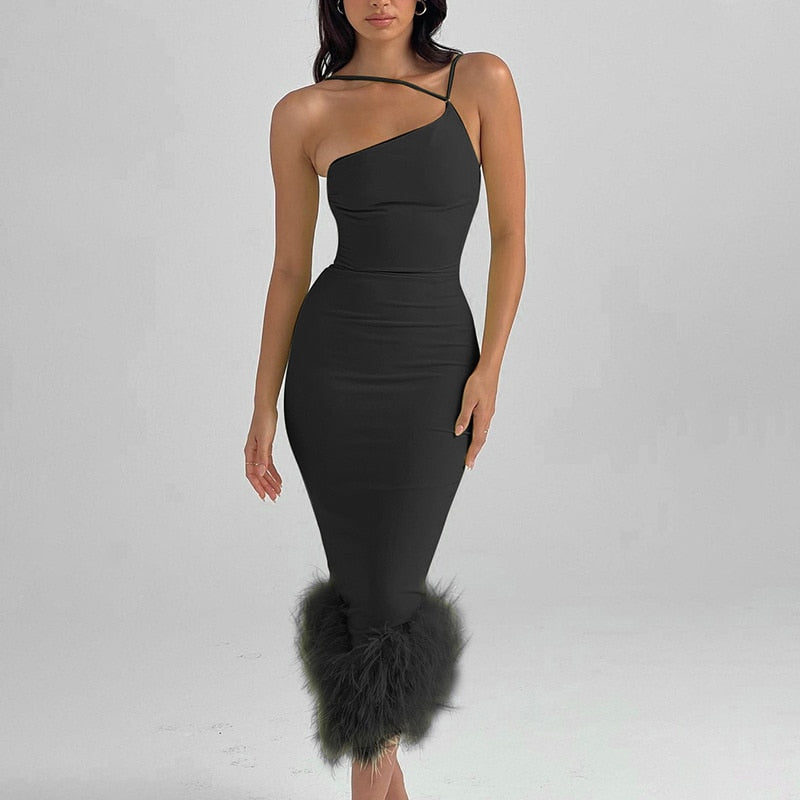 Women Elegant One Shoulder Feather Bottom Dress