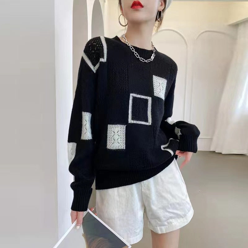 Women Tops Oversized Sweater New Color block Plaid Knitted Pullovers