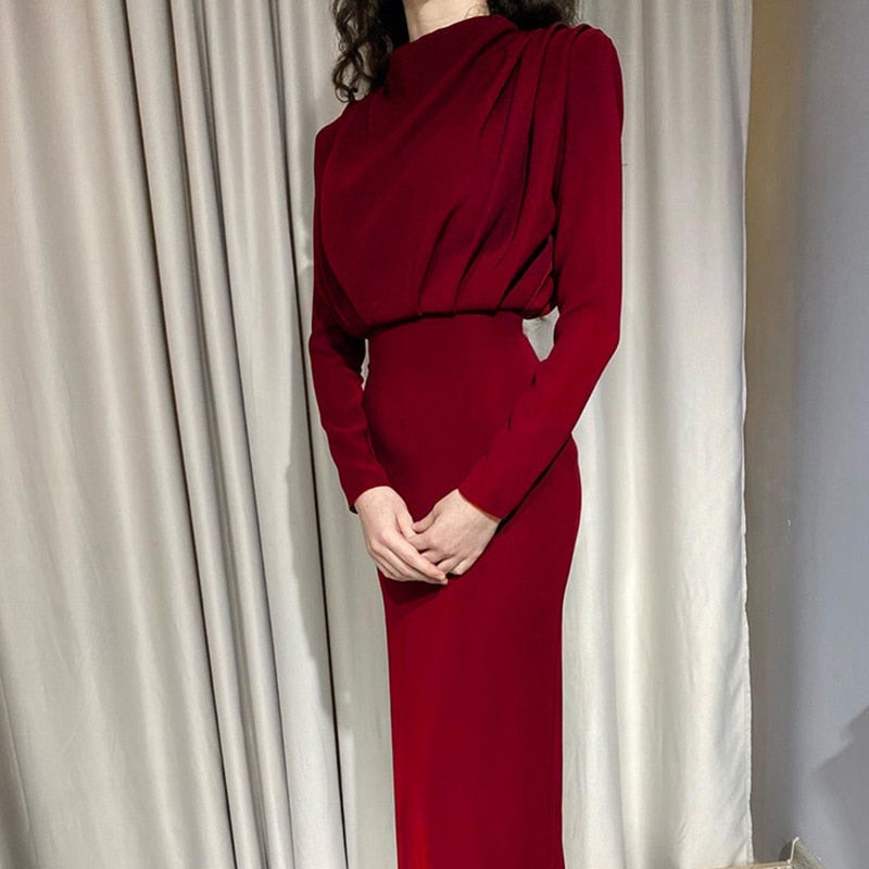 Women Casual Solid Colors Draw Waist Long Sleeve Dresses