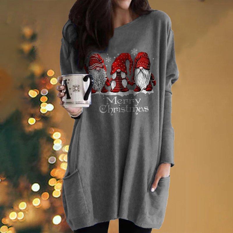 Women New Christmas Print Pocket Long Crew Neck Shirt