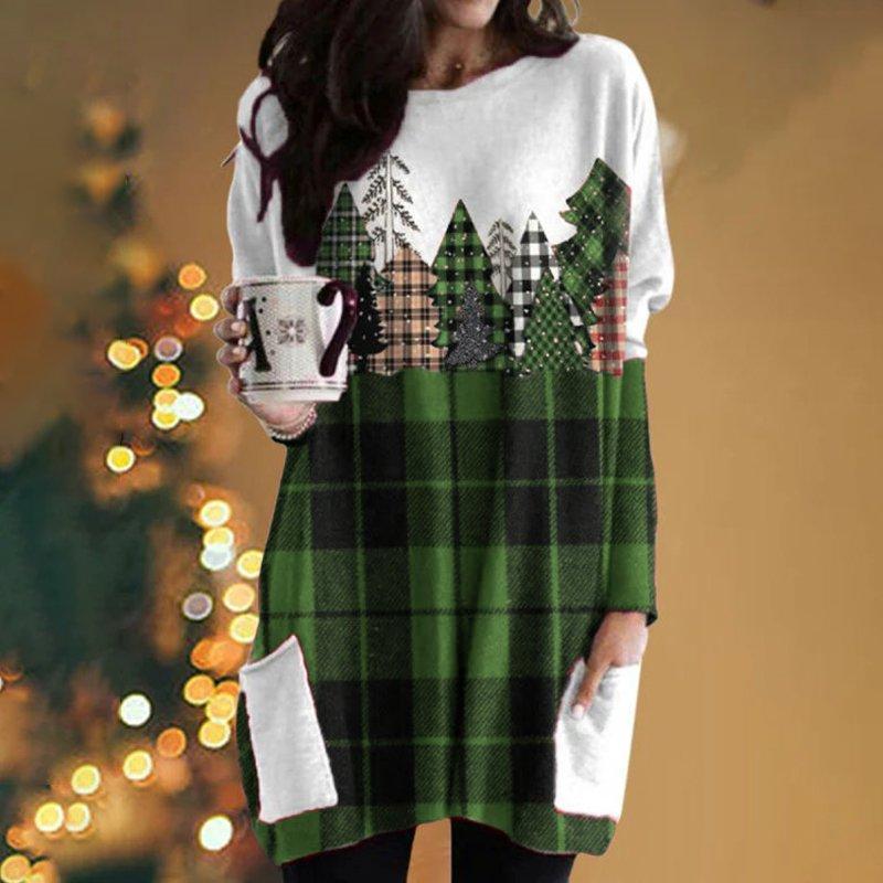 Women New Christmas Print Pocket Long Crew Neck Shirt