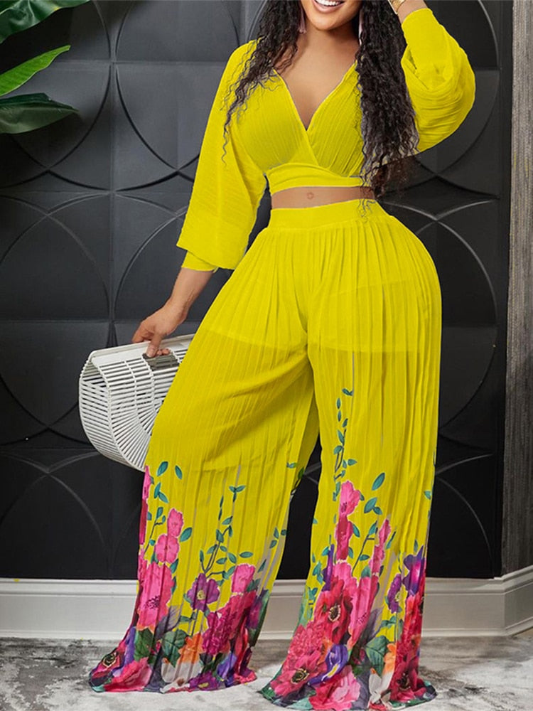 Women Printed 2 Piece Pleated Wide Leg Pants Sets Solid V-neck Long Sleeves Crop Tops