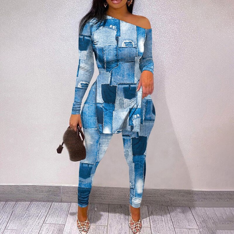 New Women Elegant Two Piece Face Printing Long Sleeve Shirt and Pants Set