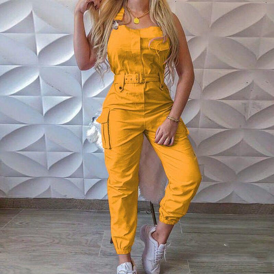 Women Casual Jumpsuit Sleeveless Pocket Belt Bib Overalls