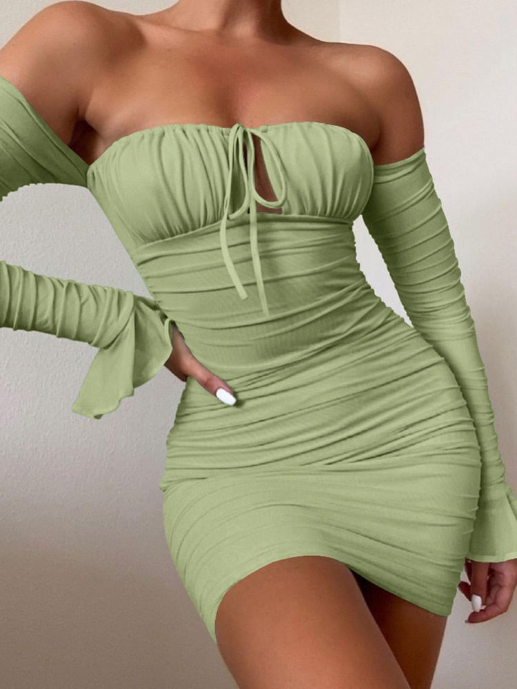 Women Bodycon Off Shoulder Long Sleeve Dresses