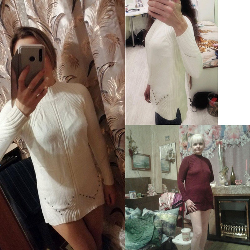 Women Winter Thick Loose Mid-Length Sweater Beaded Knitted Half-high Neck Long Sleeve Pullover