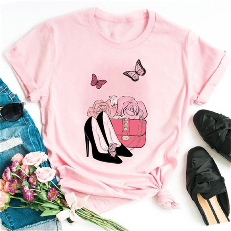 Women High Heels Shoes Print T Shirt