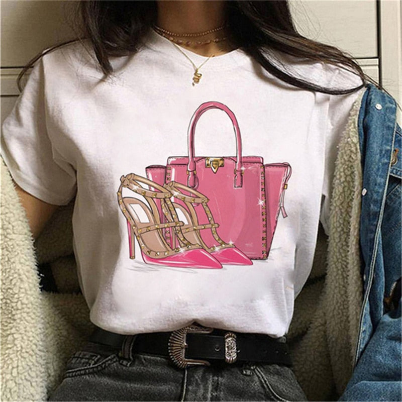 Women High Heels Shoes Print T Shirt