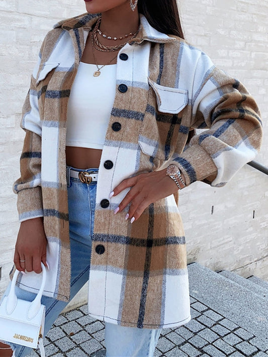 Women Oversized Plaid Jacket Winter Fleece Coat Vintage Top Long Sleeve Outerwear All Match Jackets Shirt Warm