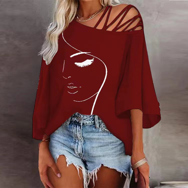 Women Spring Face Abstract Print Off Shoulder Loose Casual Shirt