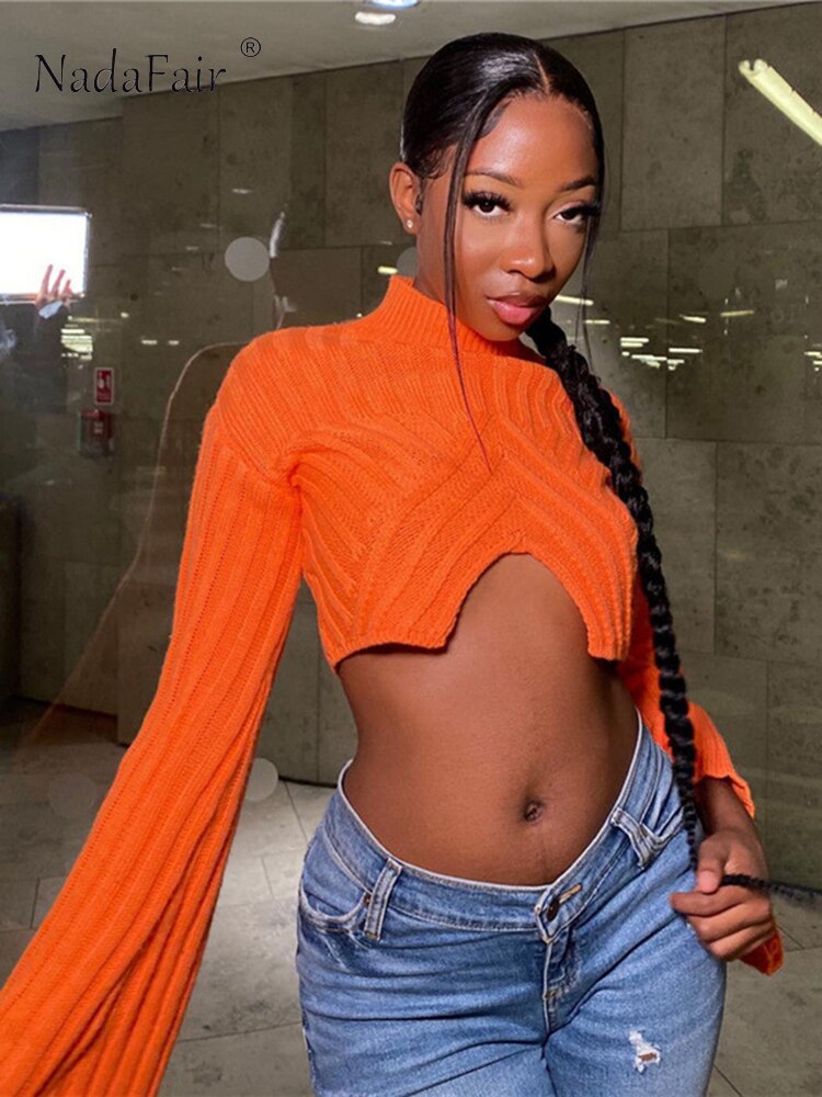 Women Turtleneck Knitted Orange Crop Top