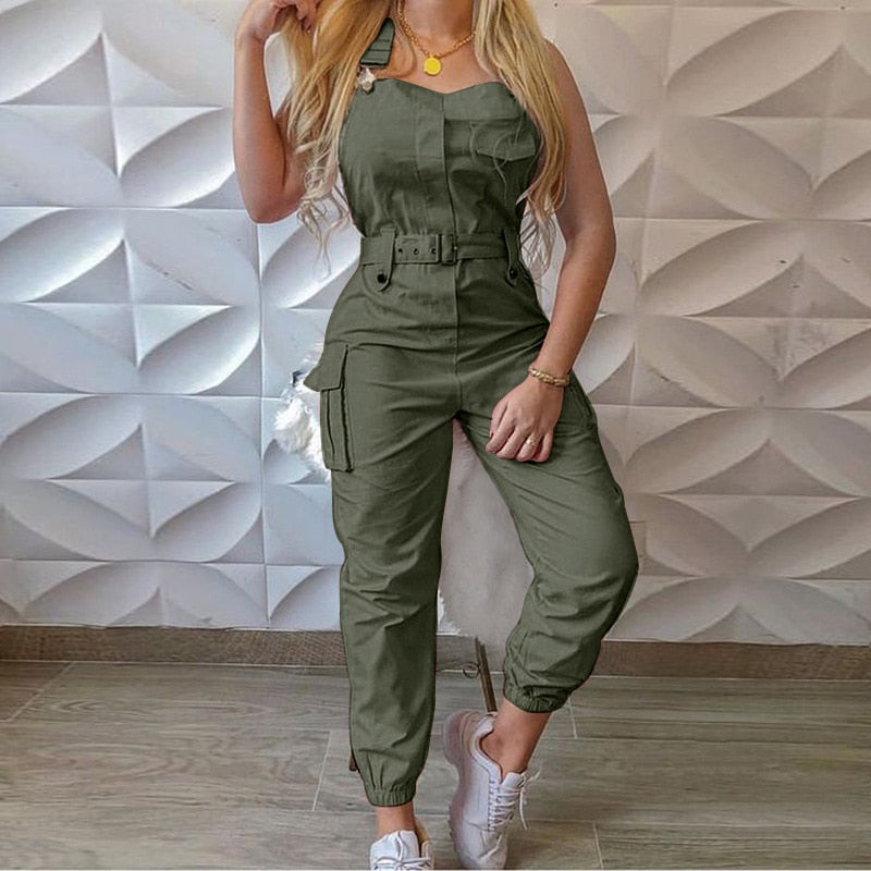 Women Casual Jumpsuit Sleeveless Pocket Belt Bib Overalls