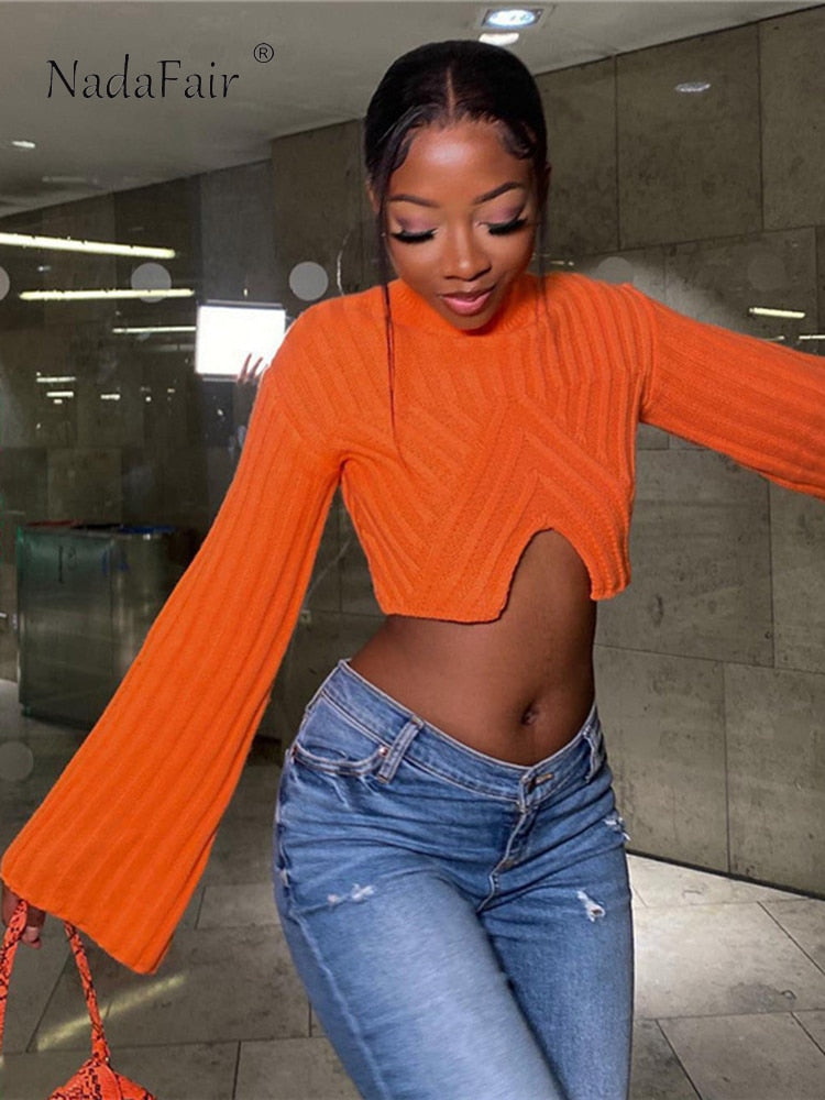 Women Turtleneck Knitted Orange Crop Top