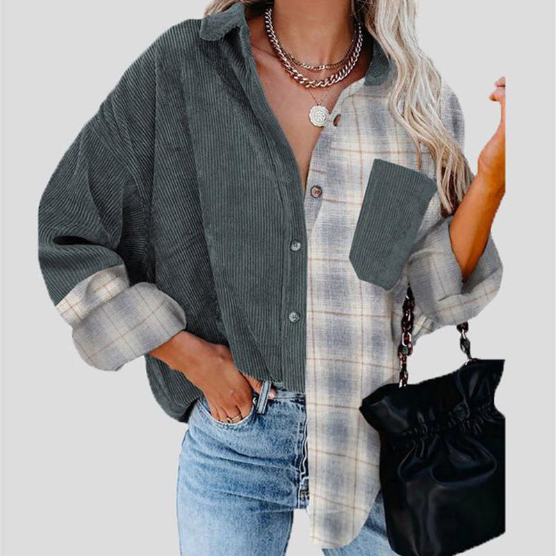 Women Casual Autumn Patchwork Plaid Shirts Loose Button Pocket Blouses