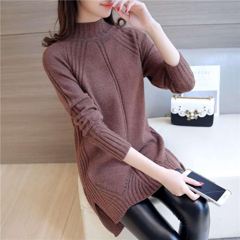 Women Winter Thick Loose Mid-Length Sweater Beaded Knitted Half-high Neck Long Sleeve Pullover