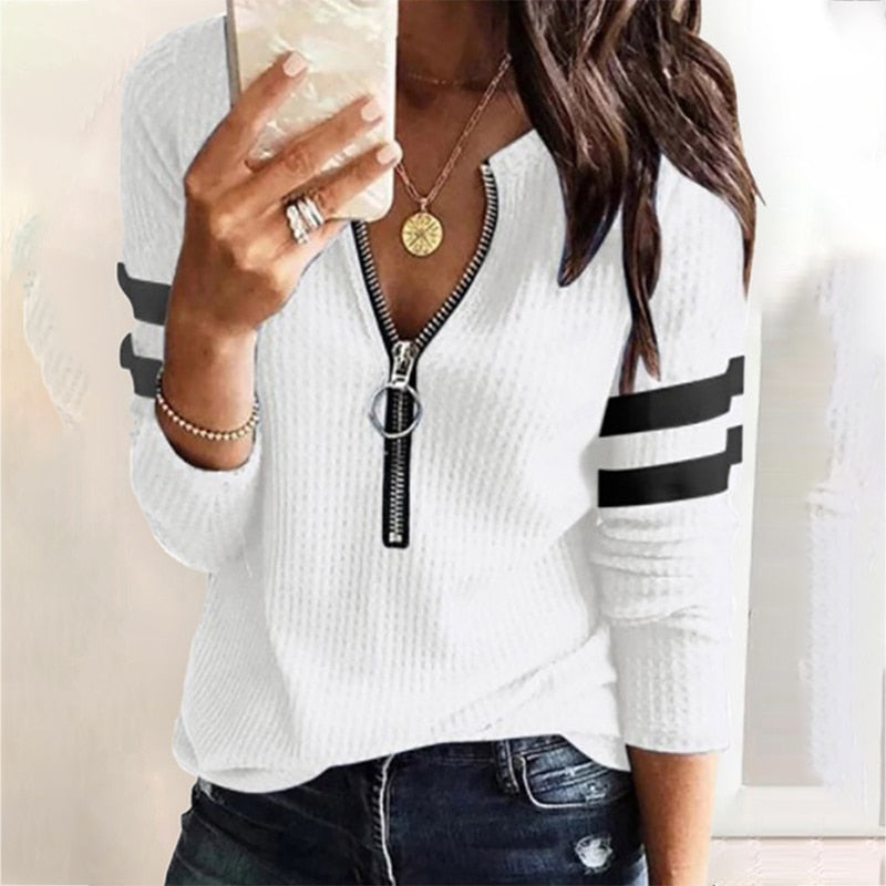 Women Fall Stripe Big Zipper Retro Long Sleeve Sweater